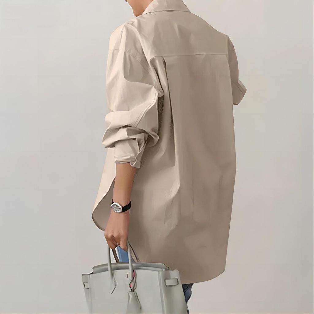 Women's Oversized Lapel Shirt - Elegant Long-Sleeve, Solid Color, Slit Hem for Spring and Autumn