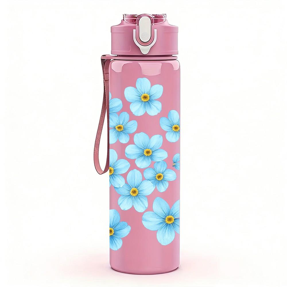 1PC Light Blue Small Flower 750ml Color Plastic Sports Water Bottle Leakproof Flip Straw Lid Suitable for Sports Office Home Use