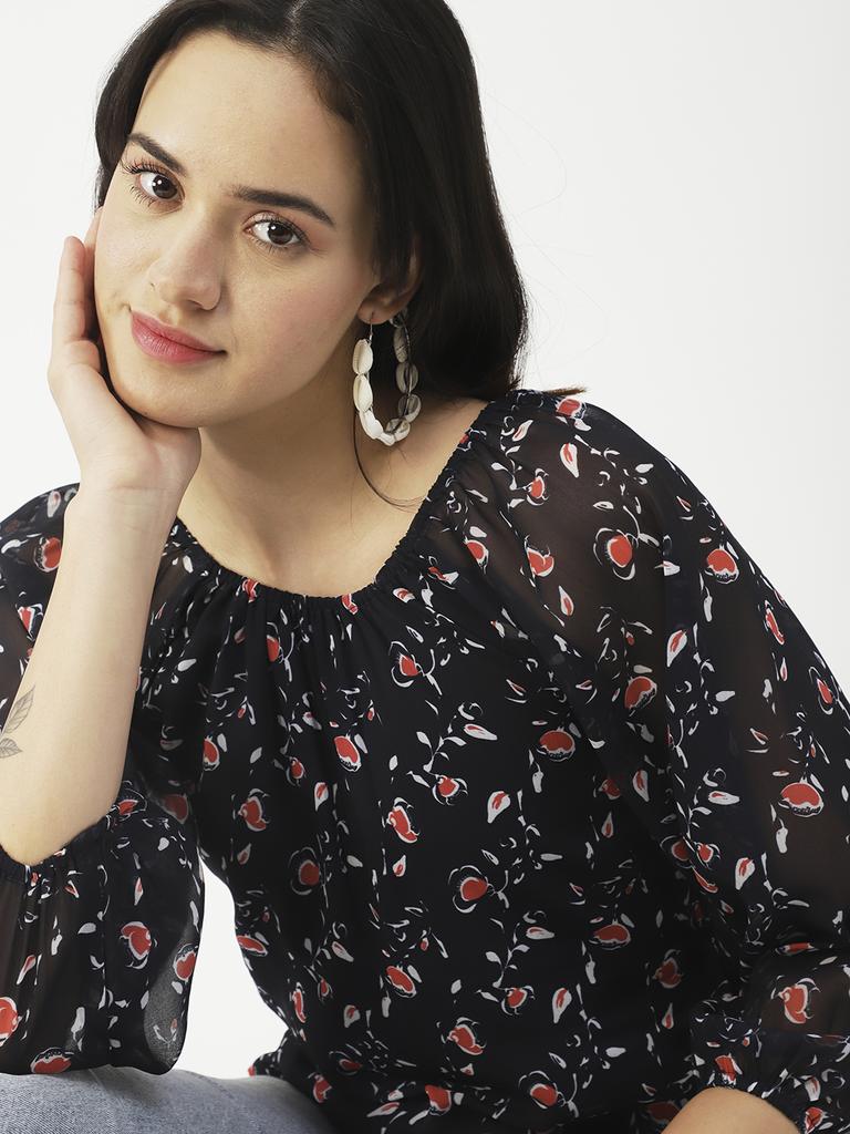 Moomaya Printed Top Round Neck Sheer Long Sleeve Tops For Women