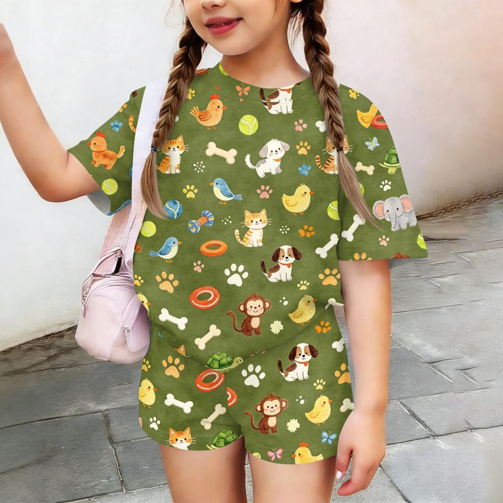 Kids Casual Short Sleeve Top and Shorts Set Lightweight Soft Fabric Animal Print Summer Outfit for Toddlers and Children