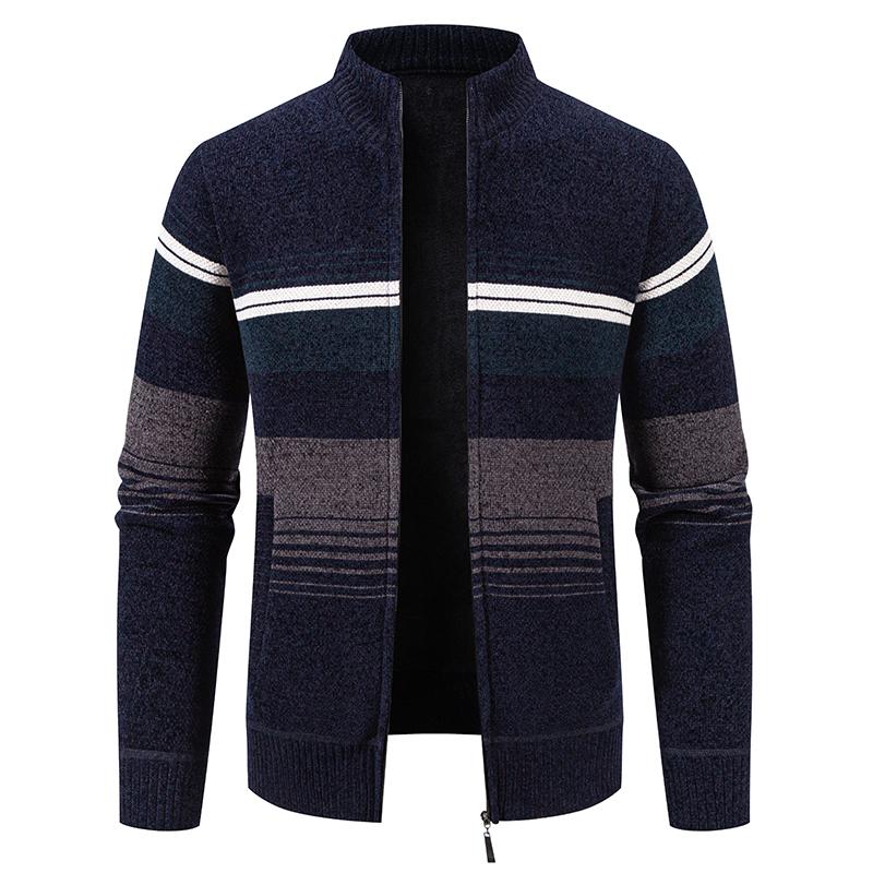 Herren Gestrickter Cardigan mit Streifen Reißverschluss Stehkragen Pullover Jacke Langarm Lässige Oberbekleidung für Herbst Winter