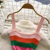 Summer Women Casual Spaghetti Strap Striped Knitted Sheath Sweater Dresses
