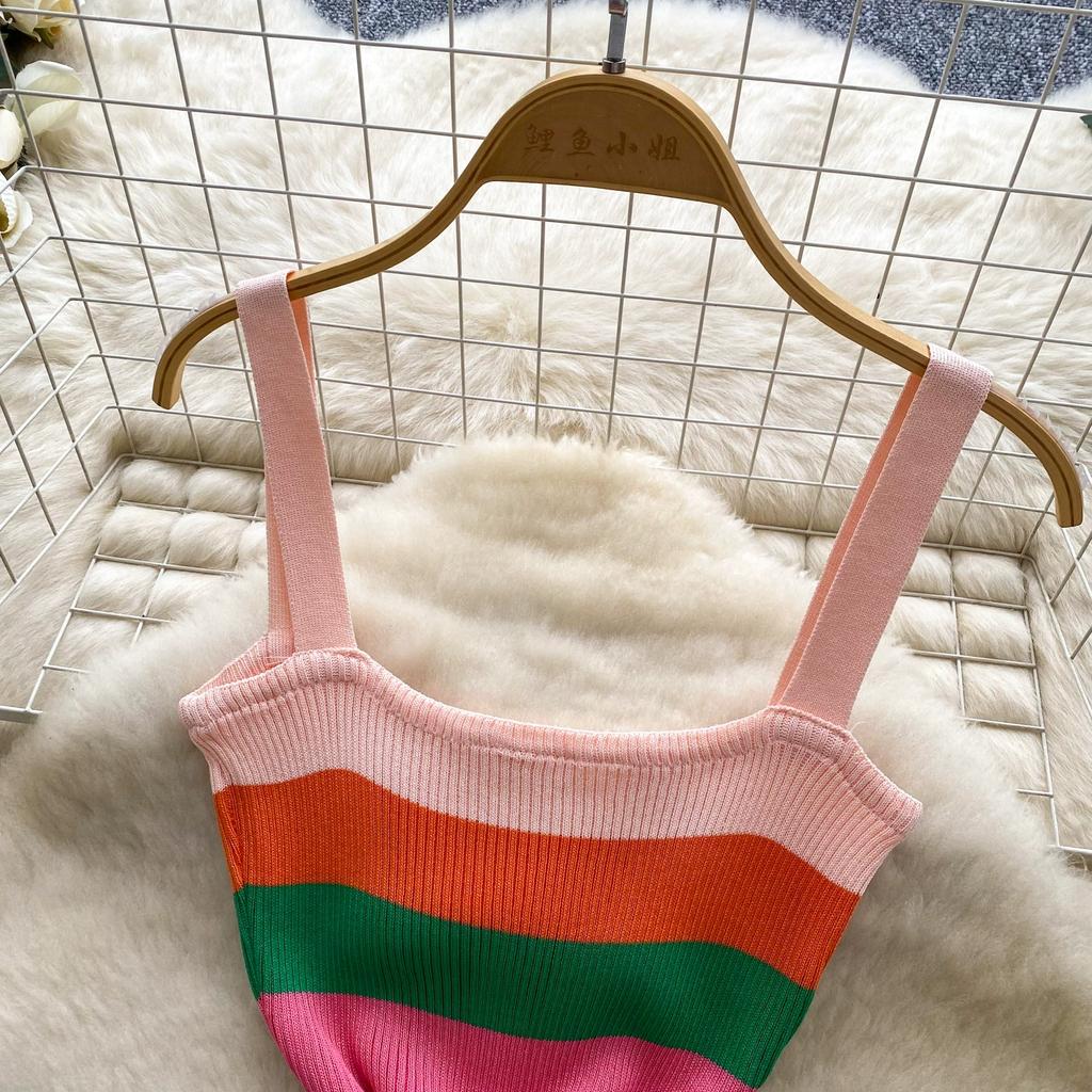 Summer Women Casual Spaghetti Strap Striped Knitted Sheath Sweater Dresses