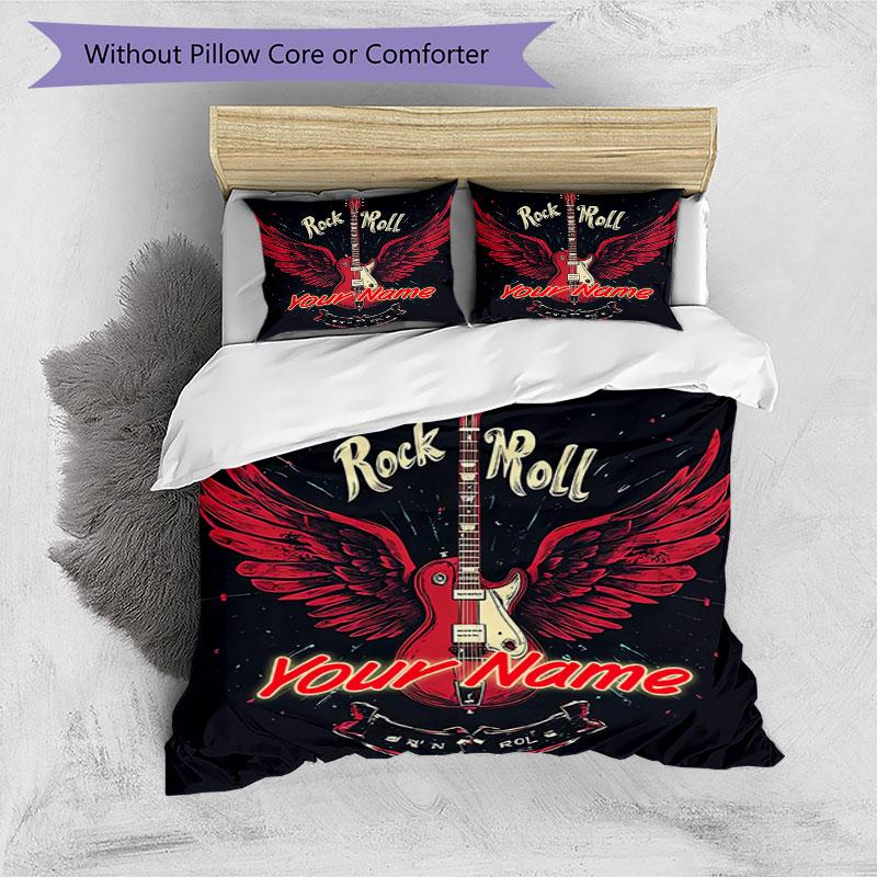 3PC Custom Name Rock 'n' Roll Wings Bedding Set Duvet Cover Closure Includes 1 Duvet Cover & 2 Pillowcases for Bedroom