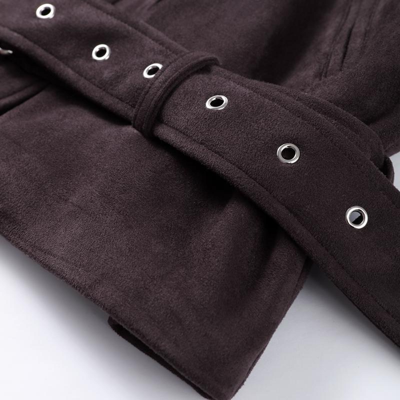 Fashion Women's Short Suede Jackets Belt Lapel Puff Long Sleeve Zipper Pockets Coats 2025 Spring Lady Vintage Street Outwears