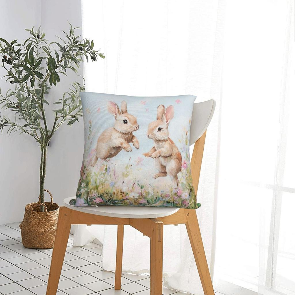 Easter Rabbit Square Pillow Case Cushions for Sofa Bunny Flower Custom Pillowcover Home Decor