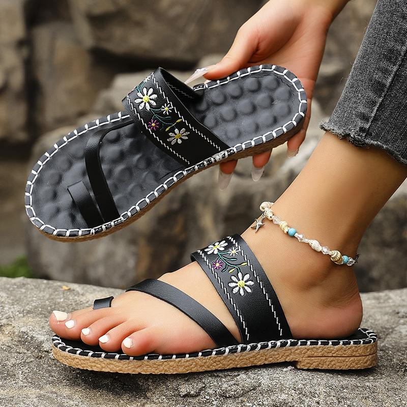 

Fashion Vintage Embroidery Bohemia Slippers for Women Summer Flat Heel Clip Toe Sandals Woman Comfort Soft Sole Pu Leather Slides Shoes 35 чёрный
