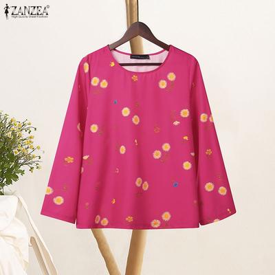 Women Casual Round Neck Loose Long Sleeve Floral Blouse