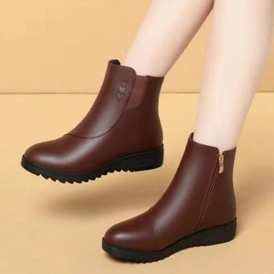 Damenschuhe 2024 Hohe Qualität Reißverschluss Damenstiefel Winter Runde Zehenpartie Einfarbig Plüsch Warm Kurzer Schaft Niedrig Absatz Mode Stiefel