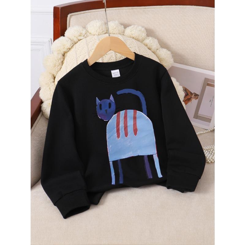 European sizes Girls' Long-Sleeve Round Neck Printed Sweatshirt "Blue Cat Print", Spring and Autumn, Casual, Versatile for Daily and Sports.