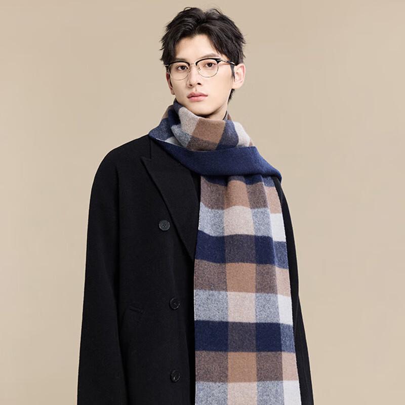 JIUMU Écharpe d'hiver à carreaux en pure laine pour homme