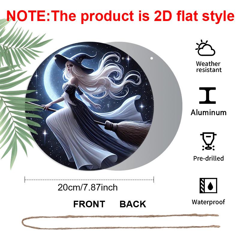 

2D Flat 1pc, printed round Aluminum metal signage - Witch on a broomstick, 8x8 in, suitable for door decoration, wall decoration, home, room 1pc