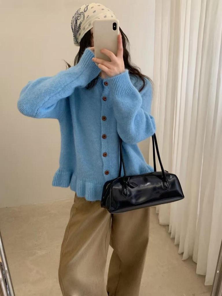 Women's Korean Round Neck Ruffled Hem Cardigan - Soft & Fluffy, Short Style for Early Autumn/Winter