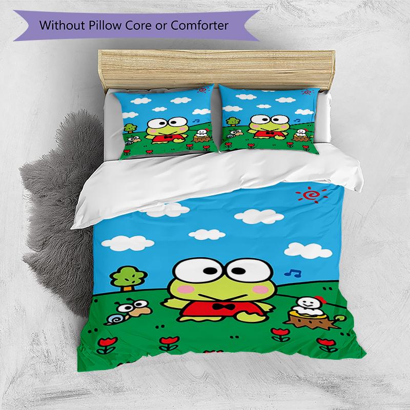 3pcs Sanrio KEROKERO KEROPPI1 Design Cover Set - HD Printed Bedding with 1 Cover and 2 Pillowcases - Perfect for Home and Dorm Decor