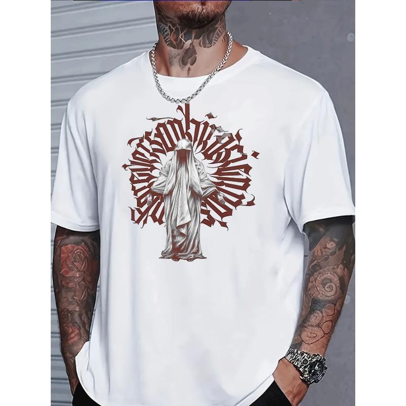 

European sizes Men s Casual T Shirt White Red Gothic Pattern Street Style Men Fashion Adult Male Casual Wear 4XL білий