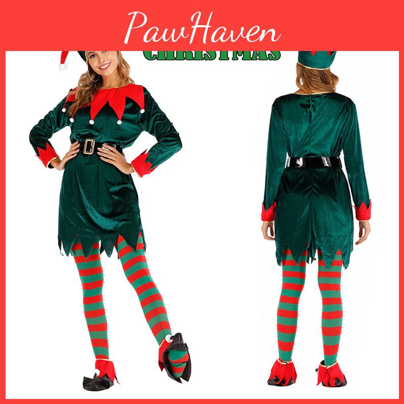 Women's Xmas Elf Cosplay Costume Soft Velvet Skirt With Bells Serrated Cuffs