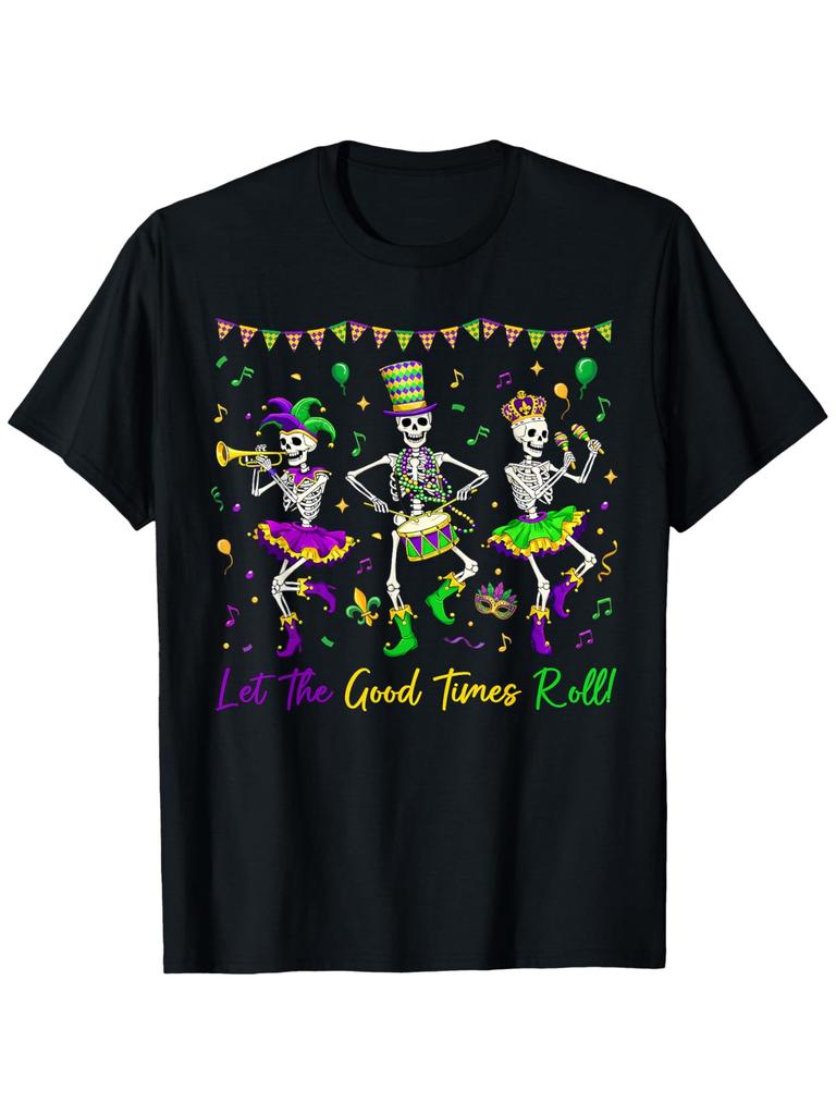 Let The Good Times Roll Mardi Gras T-Shirt - Funny Skeleton Feathers & Beads Suitable for Men & Women, Soft Breathable 1