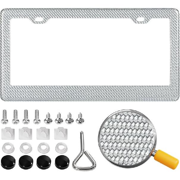 Real Carbon Fiber License Plate Frame, 100% Pure Carbon Fiber Frame, Black License Plate Holder Cover With Screw Caps, Anti-Vibration Pads, (Twill 2