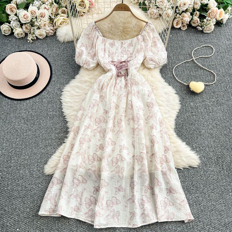 

Платье в стиле ретро с принтом бабочек, квадратным вырезом, рукавами-буфами, шнуровкой на талии, облегающее, стройнящее, с большим подолом, длинное Lavender All yards