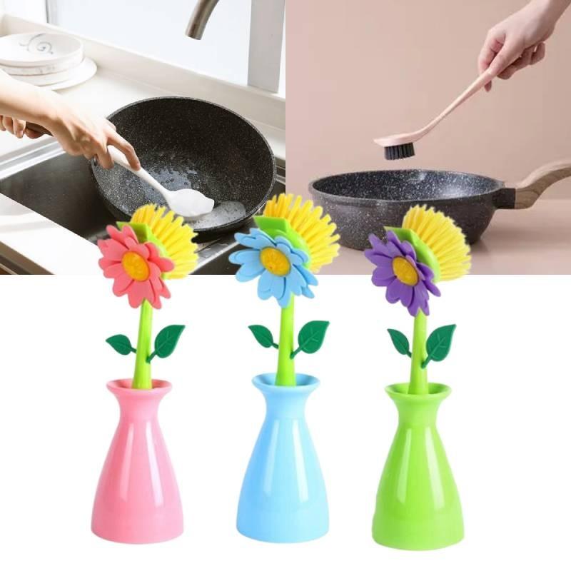 Long Flower Handle Pan Brush Storage Bottle Cleaner Creativity Decoration Tool