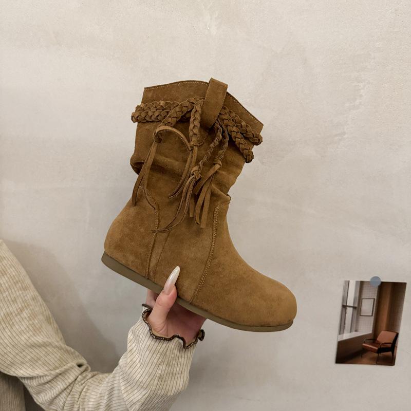 Autumn and Winter New Retro Strap Fringed Short Boots Martin Boots Women's 2025 Korean Version Korean Version Popular Casual Knight Boots