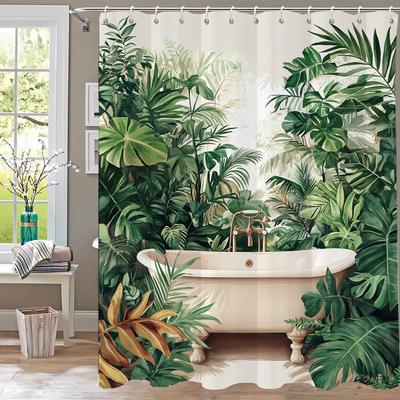 Tropical Plants Bathtub Shower Curtain, Green Leaves Art Bathroom Decorative Curtain, Printed Polyester Curtain with Hooks