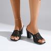 Fashion Elegant Hollow Out Breathable Slippers Women 2025 Summer Square Toe Super High Heel Black Slides Luxury Glitter Party Sandals