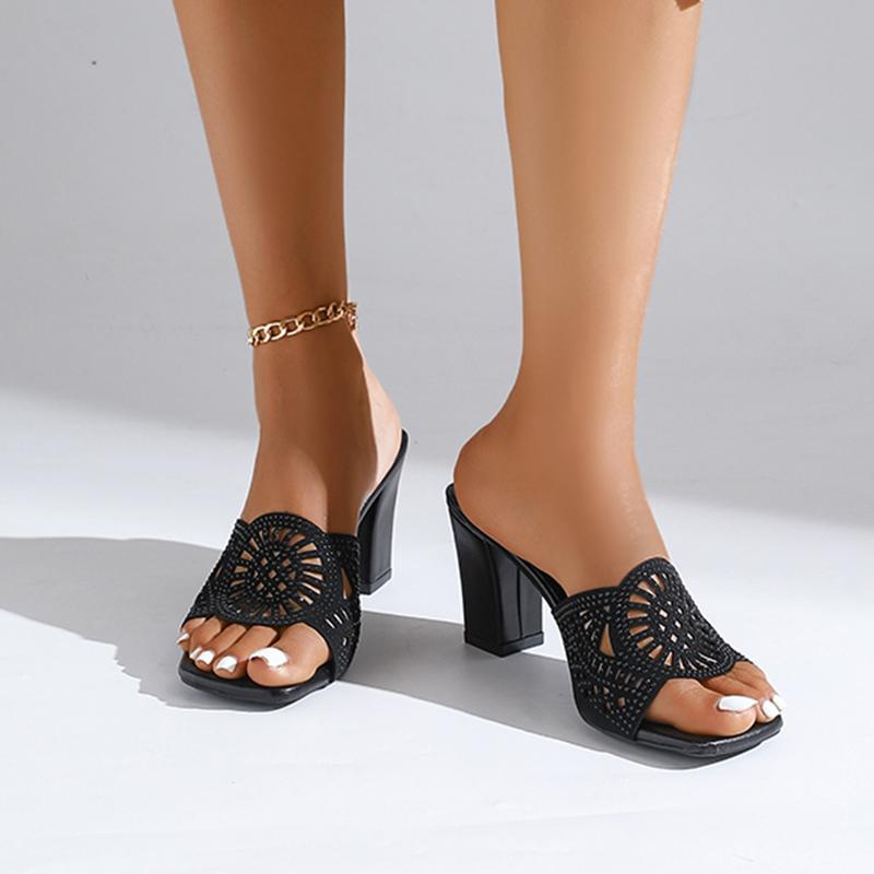 Fashion Elegant Hollow Out Breathable Slippers Women 2025 Summer Square Toe Super High Heel Black Slides Luxury Glitter Party Sandals