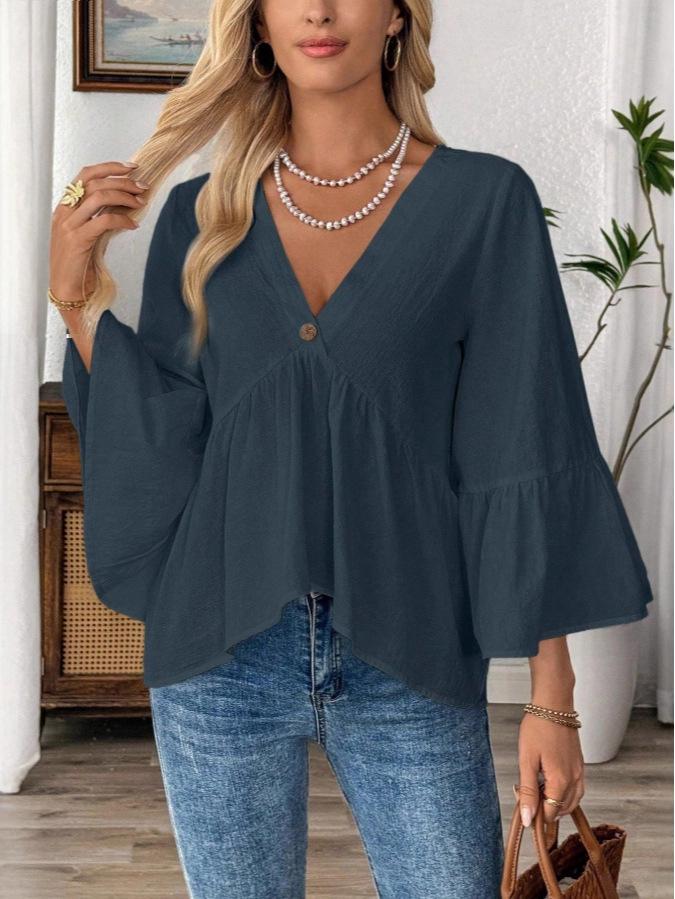 2026 European Women's Retro V-neck Ruffle Sleeve Spring/Summer Top