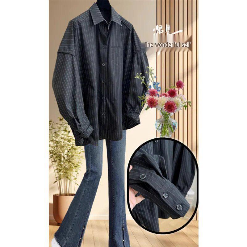 2026 Spring/Autumn Korean Style Casual Striped Loose Slimming Long Sleeve Shirt for Women 2XL