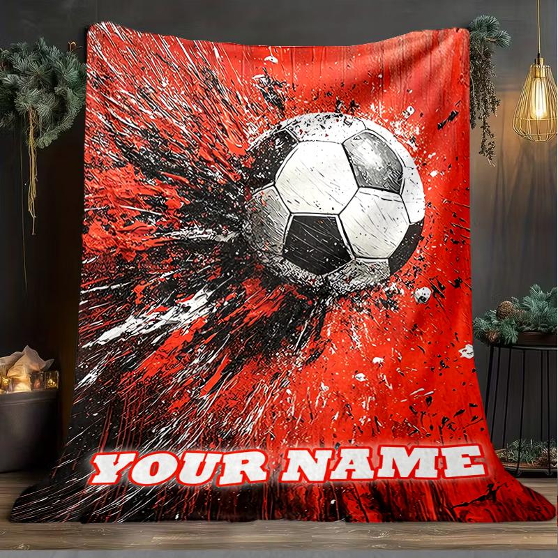 1PC Custom Name Soccer Art outdooor Flannel blankets Throw Blanket All-Season Throw Gift Bedspread for Couch, Bed, Camping Holiday Birthda