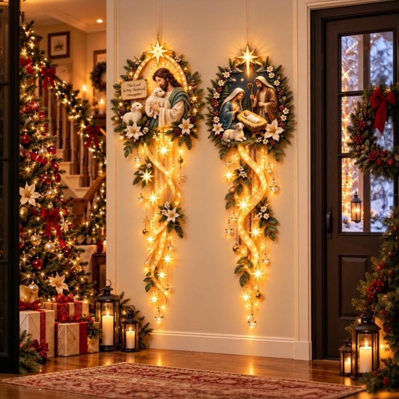 Christmas Lighted Nativity Hanging Ornament Glowing LED Wall Decor for Outdoor Yard Xmas Holiday Party Decoration