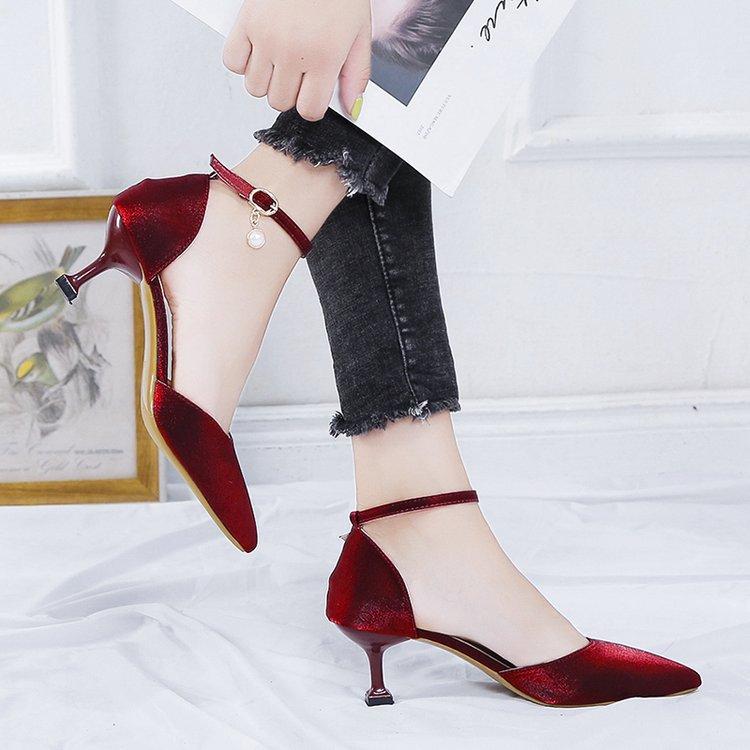 New light buckle rhinestone thin heel one-word buckle satin pointed sandals high heel light mouth 34