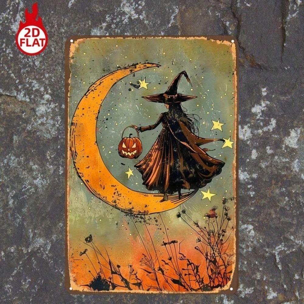 1pc Witch On Crescent Moon Pumpkin Lantern Metal Sign 8x12 Inch 2D Flat Wall Decor For Home Bar G