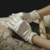 1 Pair Faux Pearls Decor Shirring Cuffs Solid Color Bridal Gloves Elegant Wedding Bridal Short Wrist Satin Gloves