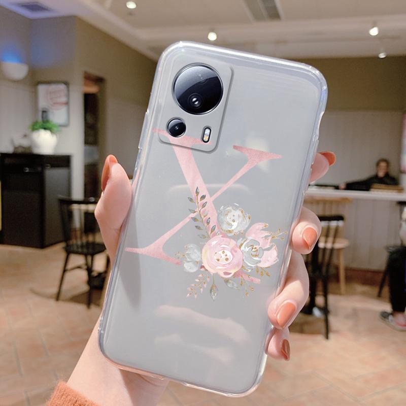 Pink Flowers Initial Cover For Xiaomi 13 Lite Case Letter A To Z Transparent Soft TPU Protective Funda For Xiaomi 13 Lite Coque