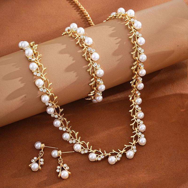 3 Pcs/Set Fashion Retro Women'S Jewelry Set Rhinestone Artificial Pearl Wedding Party Bride Wedding Necklace Bracelet Earrings