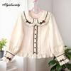 2026 New Arrival Japanese Lolita Style Spring Summer Women Blouse Peter Pan Collar Bow Brown Shirt Long Sleeve Sweet Cute Girl's Kawaii JK Top