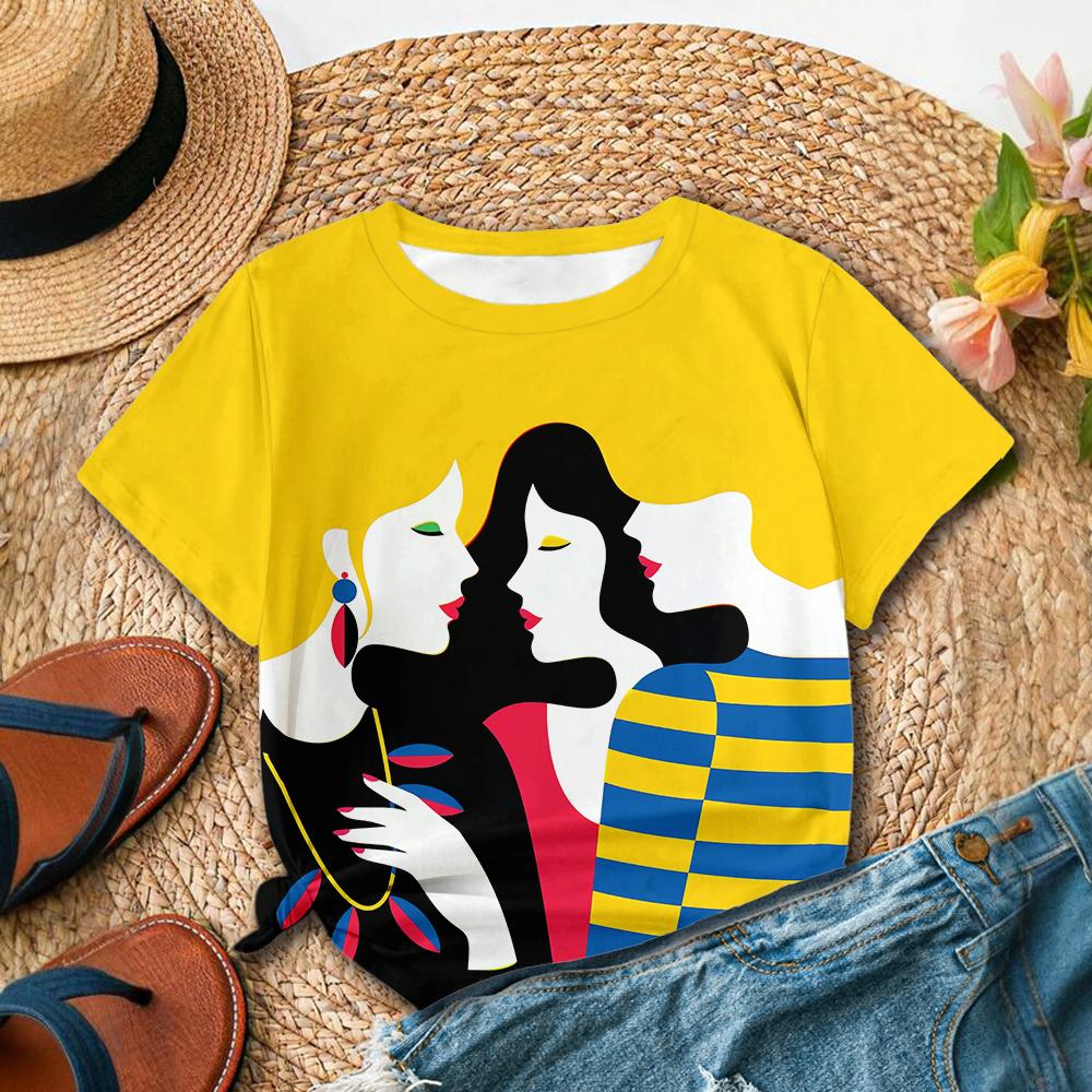 Abstract Faces Design Women's Yellow T-Shirt Casual Summer Style Round Neck Short Sleeve Top For Daily Wear