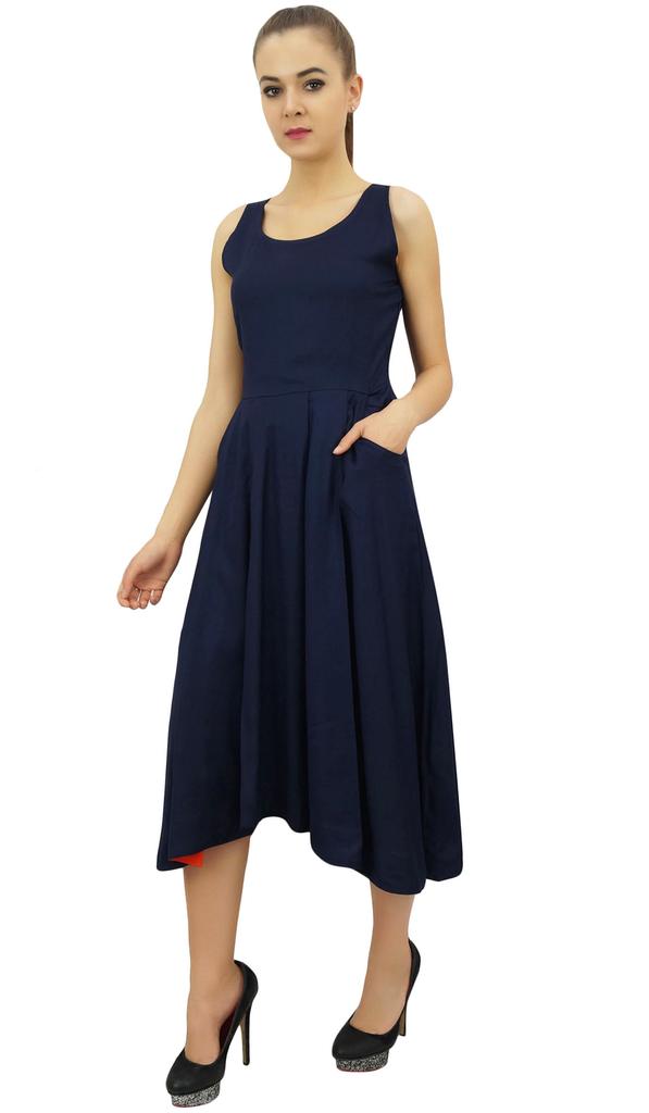 Bimba Women's Designer Rayon Dress With Pockets Solid Aqua Maxi With Scarf -