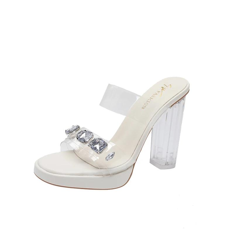 Sandale cu toc înalt pentru femei, vara 2024, îmbrăcăminte exterioară nouă, cu platformă cu strasuri transparente, sandale sexy cu toc gros din cristal, cu zână