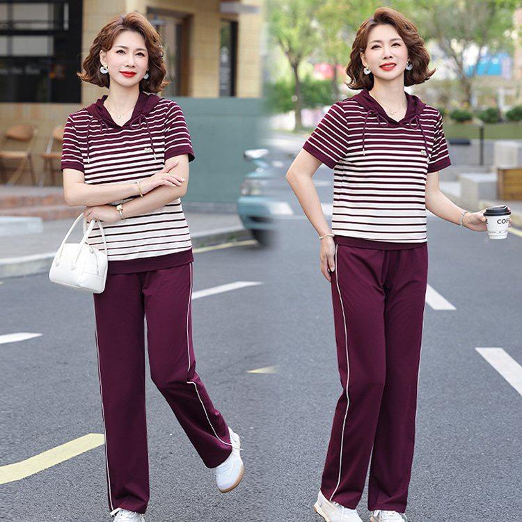 Stylish Summer Sportswear Set for Middle-aged Women - Ice Silk Short-sleeve Top & T-shirt Combo