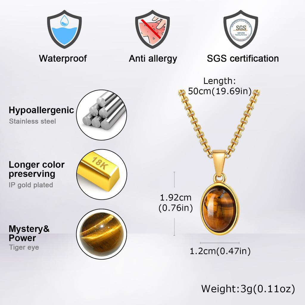 Men's Fashion Minimalist Natural Tiger Eyes Stone Necklace, Stainless Steel Geometric Pendant Necklace, Punk Vintage Jewelry