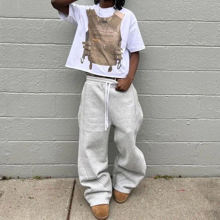 Y2k Embroidered Gray Casual Pants Men's Jogging Drawstring Sweatpants