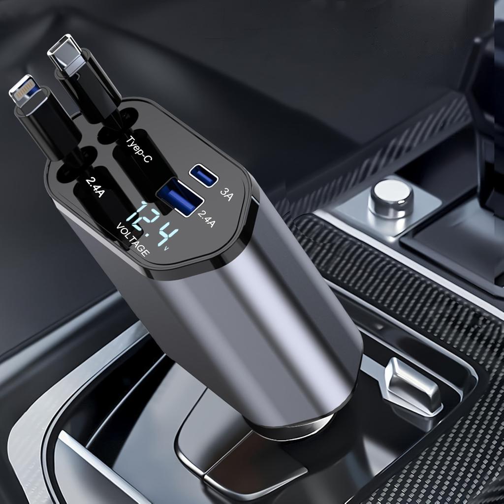 Fast Charging USB C Car Charger, 4-in-1 Retractable Phone,Travel Essentials, Gifts for Women Men, Car Accessories for Women Men, for iPhone13-17