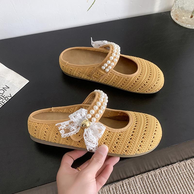 Bow pearl bag head half slippers women's summer wear with skirt thick bottom height fashion woven lazy cool slippers