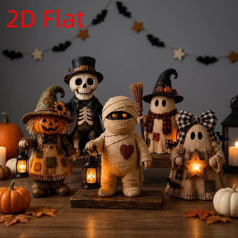 2D Flat Mummy Pumpkin Scarecrow Statue Vintage Plaid Bow Ghost Ornament Thanksgiving