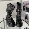 Schuhe für Damen, halbhohe Damenstiefel, Plateau-Stiefel, moderne Stiefel, Gürtelschnalle, quadratische Zehenpartie, seitlicher Reißverschluss, quadratischer Absatz, Schuhe für Damen