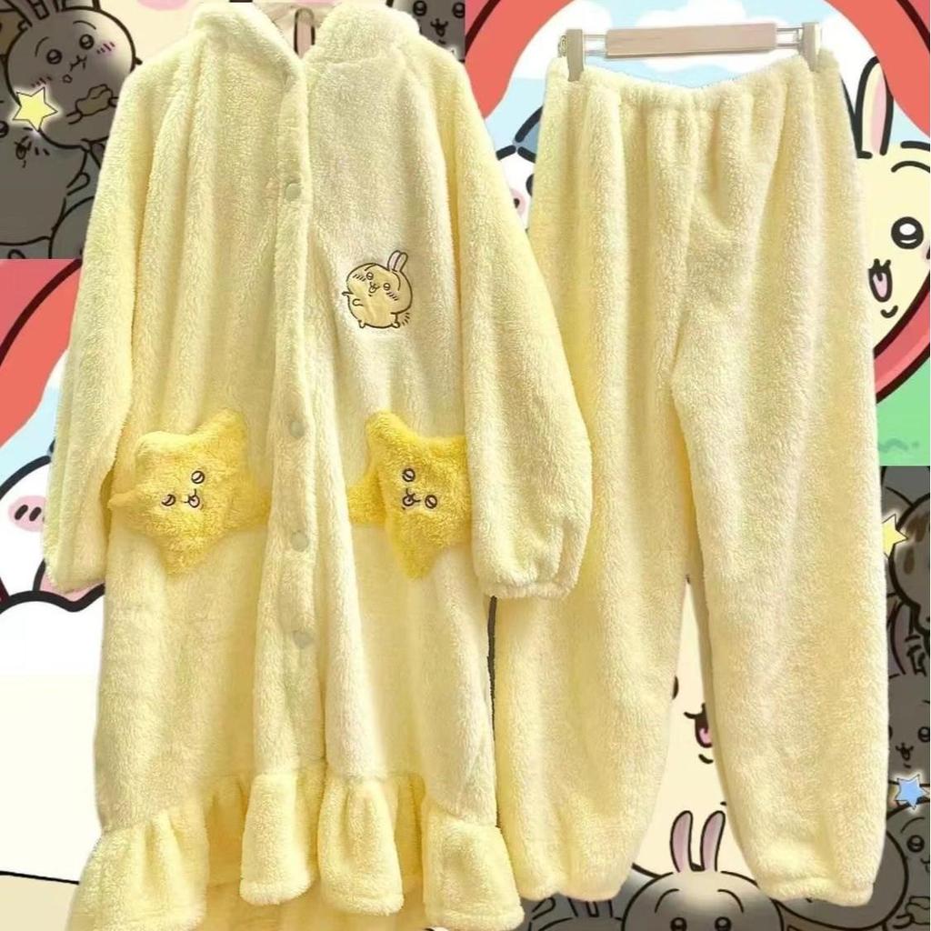 Ensemble Pyjama et Peignoir en Flanelle Corail pour Femme Usagi Dessin Animé