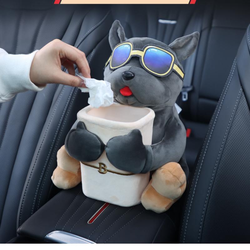 Uchwyt na chusteczki montowany w samochodzie 2 w 1 Kreskówkowa pluszowa lalka Automatyczny schowek w podłokietniku Wiszący pojemnik na papier do przechowywania Kosz na śmieci samochodowy i uchwyt na chusteczki